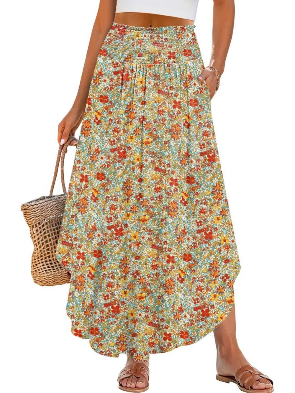 Women's Orange/Red Boho Floral High Waisted Smocked Flowy Pocket Maxi Skirt
